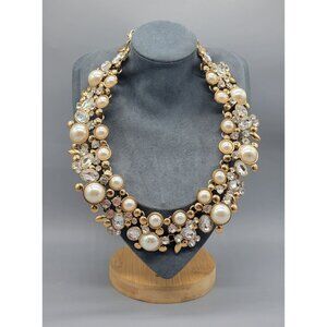 Large Bulky Gold Tone Faux Pearl Clear Rhinestone Statement Costume Necklace N1D